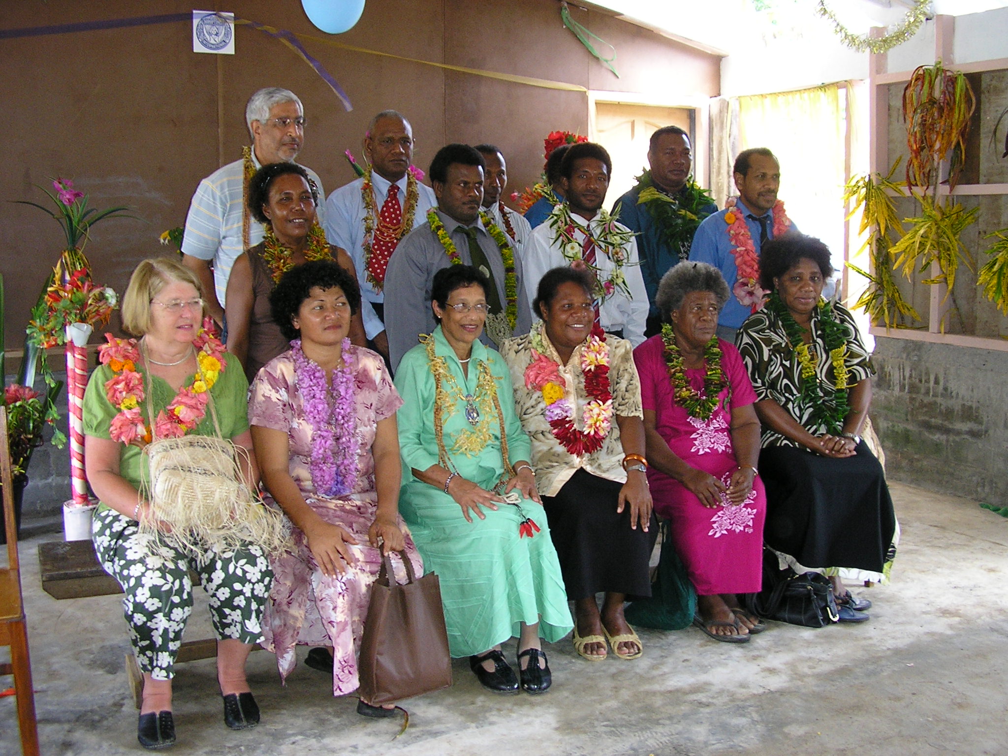 After opening of Women's centre in Kira Kira, Solomon Islands with Elders and Chiefs of the village. Lorna Mead is far right